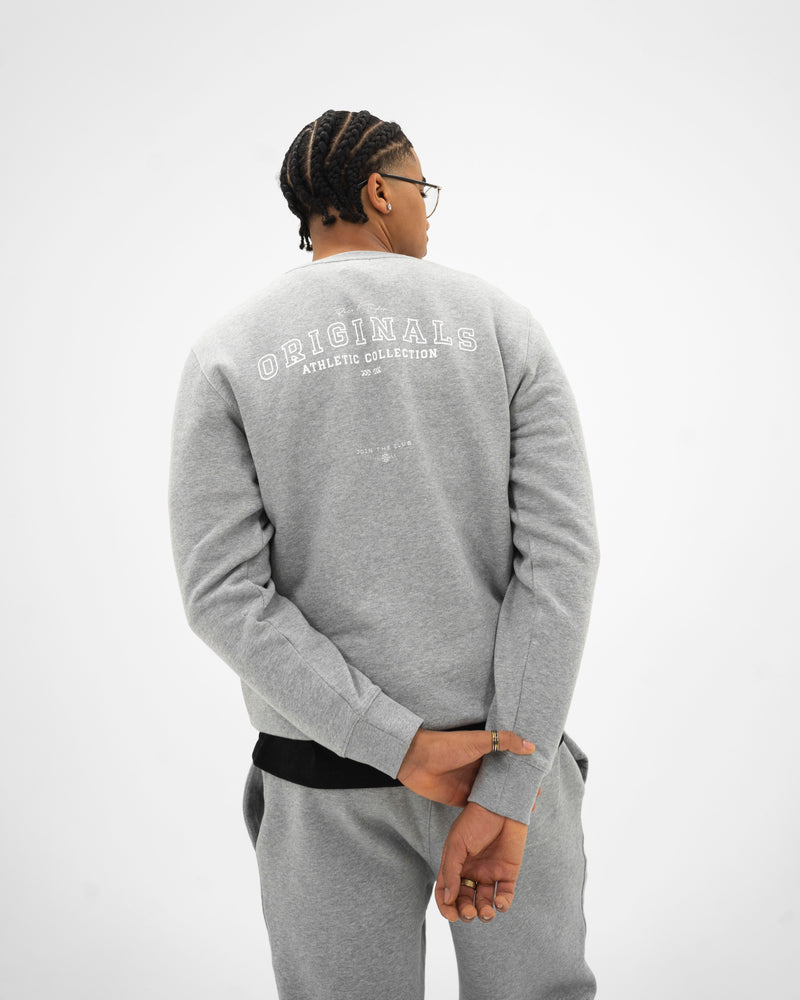 R&T Originals 90s Athletic Sweatshirt Grey — rear graphic upper body shot on male model
