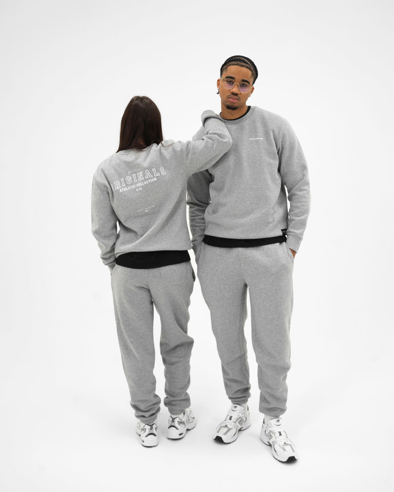 Race & Taylor 90s Athletic Sweatshirt — female model back view and male model front view, full body studio shot
