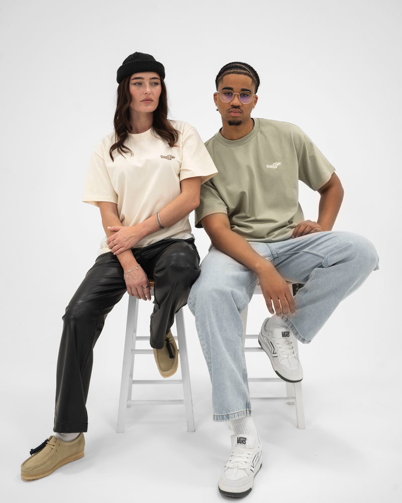 R&T Alternative Reality Heavy T-Shirt Sand twin shot detail — Race & Taylor

