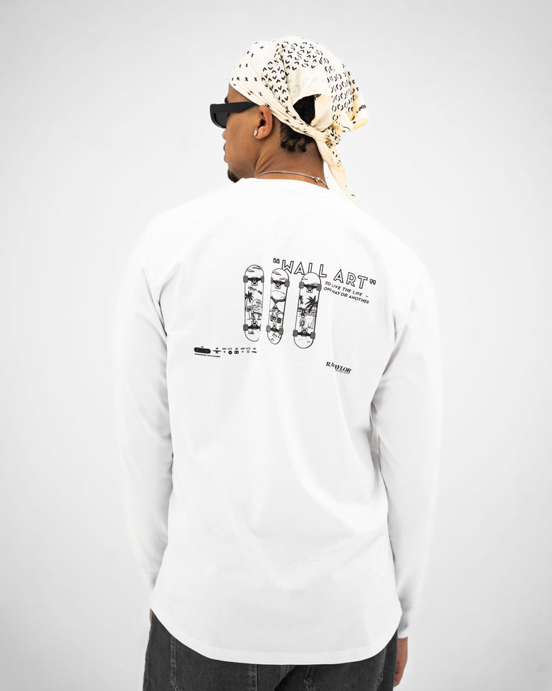R&T Long Sleeve Skater T-Shirt — rear Wall Art graphic upper body shot on male model
