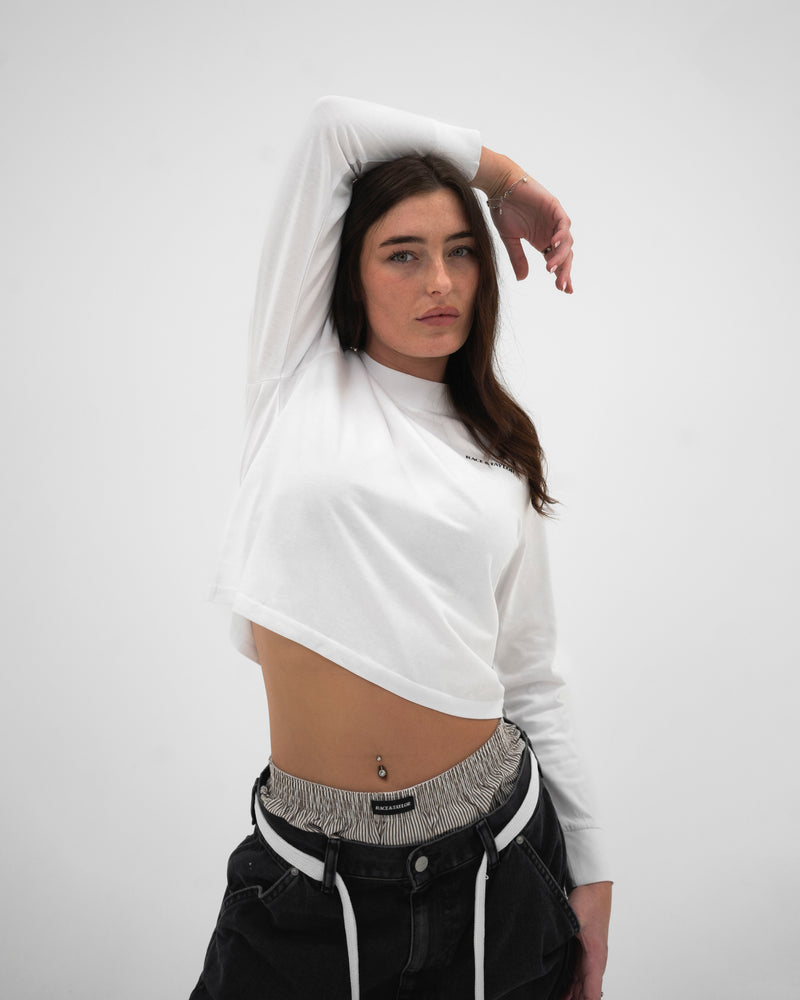 R&T Cropped Long Sleeve Skater T-Shirt worn oversized front view — Race & Taylor