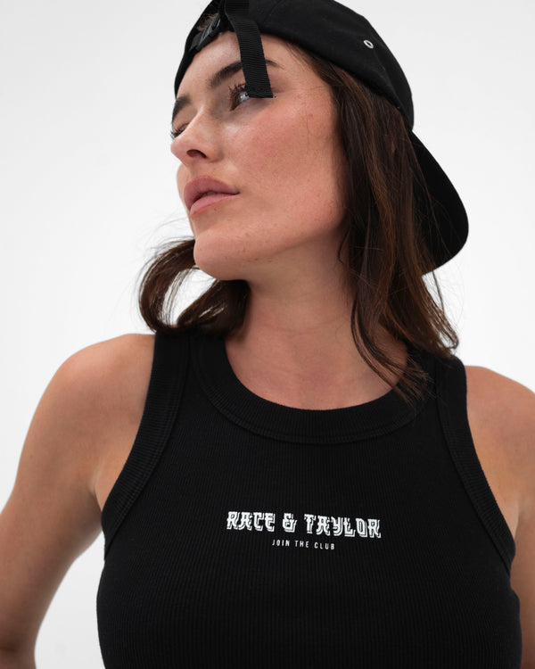 R&T Cropped Racer Vest Black — close-up front upper body on female model
