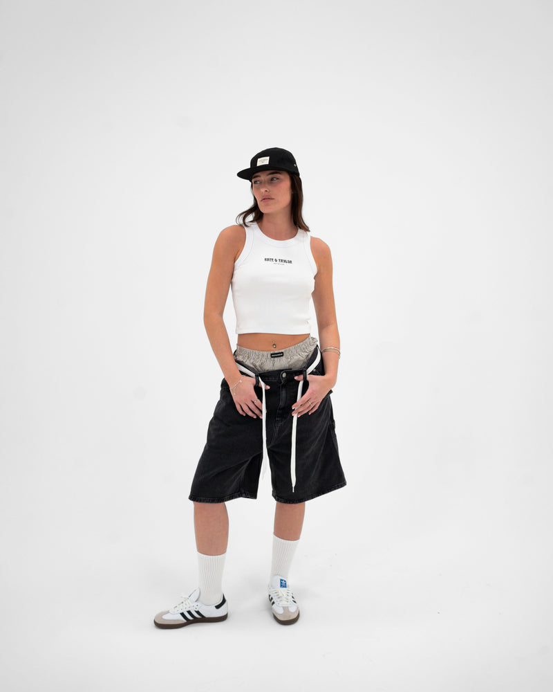 R&T Cropped Racer Vest White — front full body shot on female model, studio
