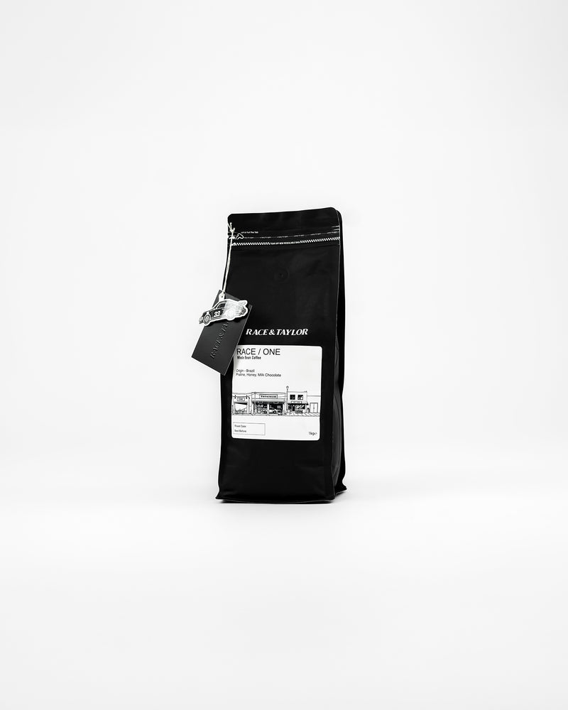 RACE / ONE Coffee 1kg whole bean in R&T motorsport packaging studio shot — Race & Taylor
