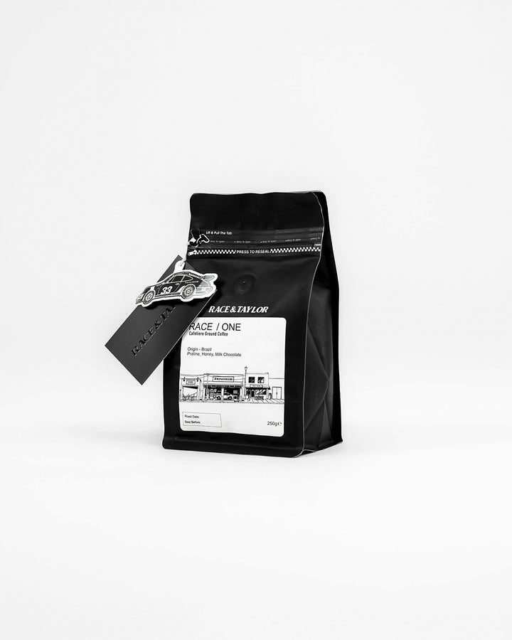 RACE / ONE Coffee 250g ground in R&T motorsport packaging — Race & Taylor
