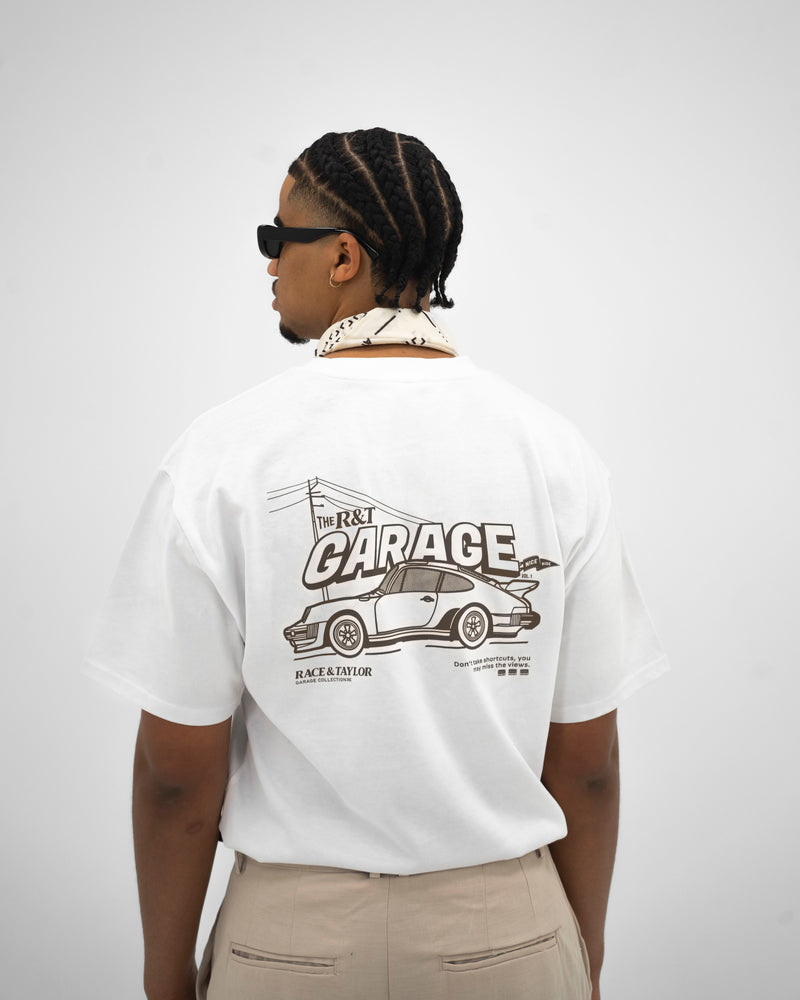 R&T Porsche Heavy T-Shirt — back graphic on male model, half body shot
