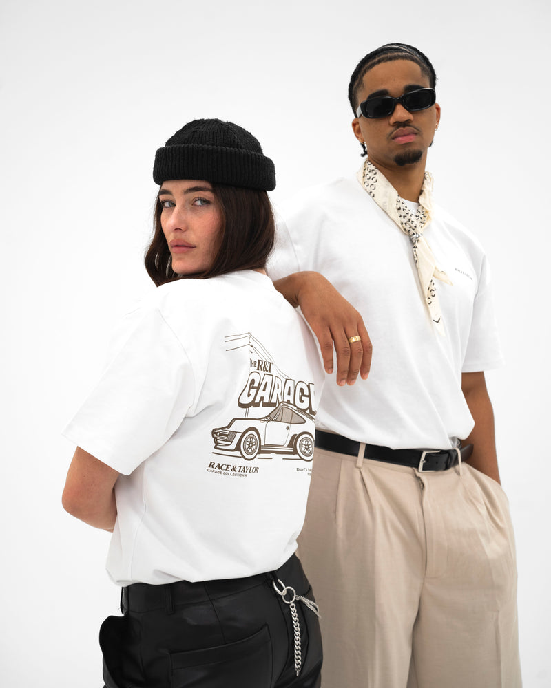 Race & Taylor Porsche Heavy T-Shirt — male and female models front view, half body shot
